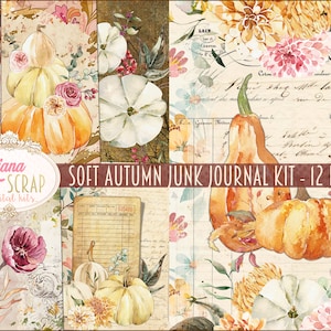 Soft Autumn Junk Journal Digital Kit Printable, Autumn flowers and pumpkins Digital Collage Sheets, Fall Junk Journal, Junk Journal Paper