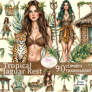 Pacchetto di 90 clipart "Tropical Jaguar Rest" - Donne tropicali, grafica da spiaggia, immagini PNG per planner digitali, adesivi e inviti, giungla