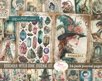 Kit de diario basura de bruja boho, collage de fantasía imprimible, kit de fantasía, papel de diario basura de brujería, diario basura digital mágico