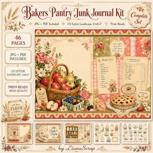 Peut inclure: Kit de journal créatif Bakers Pantry comprenant 46 pages au format US Letter paysage 27,9 x 21,6 cm. Le kit inclut des feuilles imprimables avec des illustrations de panier de fruits, de tarte, de listes de courses et d'étiquettes vintage florales.