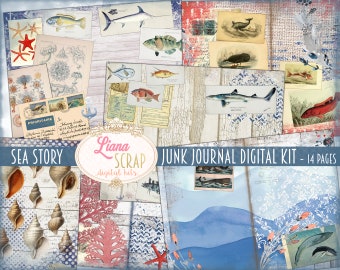 Sea Life Junk Journal Kit, Digital Ocean Printables, Nautical Collage Sheets, Junk Journal Paper