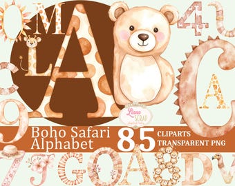 Boho Safari Watercolor Alphabet Clipart – Animals & Numbers (PNG)