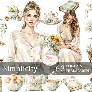 Simplicity 63 Set di clipart digitali, PNG acquerellati, floreali, donne, estetica accogliente, colori naturali, planner