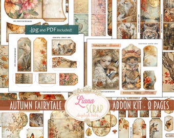 May include: A digital scrapbook kit with 9 pages featuring autumn-themed illustrations. The kit includes images of a fox, a wolf, a squirrel, a mouse, a butterfly, a peacock, a lantern, and a moon. The images are in a vintage style with a warm color palette of browns, oranges, and yellows. The text on the image reads "Autumn Fairytale Addon Kit - 9 Pages".