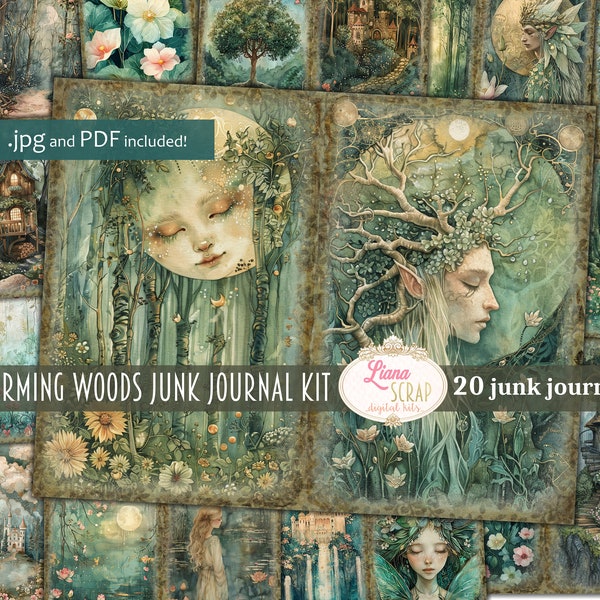 Charming Woods Junk Journal Digital Kit Printable, Enchanted Forest Printable Collage Sheet, Junk Journal Paper, Forest Elf Journal