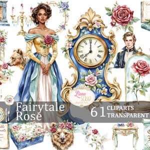 Set di 61 clipart di "Fairytale Rose", PNG floreali vintage, carta digitale, adesivi per planner, illustrazioni ad acquerello, libro di fiabe, storia d'amore