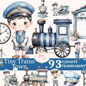 Puede incluir: Ilustraciones en acuarela con temática de trenes. Incluye un conductor de tren, una estación, un reloj y trenes en tonos azules, negros y blancos. También se observa el texto "Tiny Trains Town" y "93 Cliparts Transparent PNG".