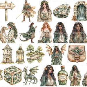 Fantasy Lady Dragon Clipart Set, Watercolor Illustrations (PNG) image 3