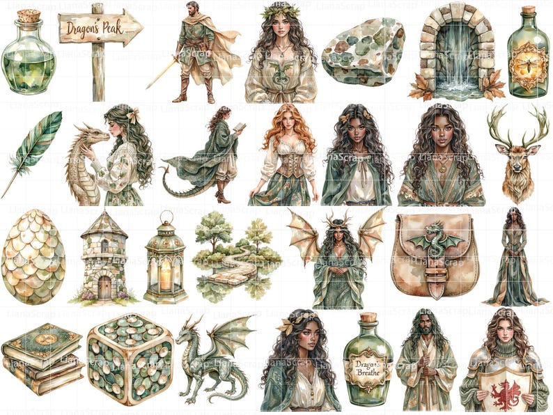 Fantasy Lady Dragon Clipart Set, Watercolor Illustrations (PNG) image 3