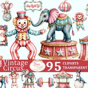 Vintage Circus - 95 Watercolor Clipart Set - Digital Paper, Transparent PNG, Circus Animals, Planner Stickers, Scrapbooking, Illustration