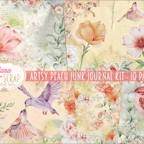 Artsy Peach Junk Journal Digital Kit Printable, Flowers and Birds Digital Collage Sheets, Junk Journal Paper