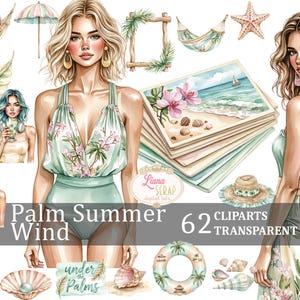 Palm Summer Wind 62 Clipart Set - Tropical Beach PNG, Summer Illustrations, Digital Planner Stickers, Watercolor Graphics, Fashion Clipart