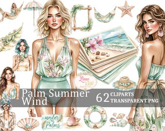 Watercolor Summer Clipart – Tropical Beach Illustrations (PNG)