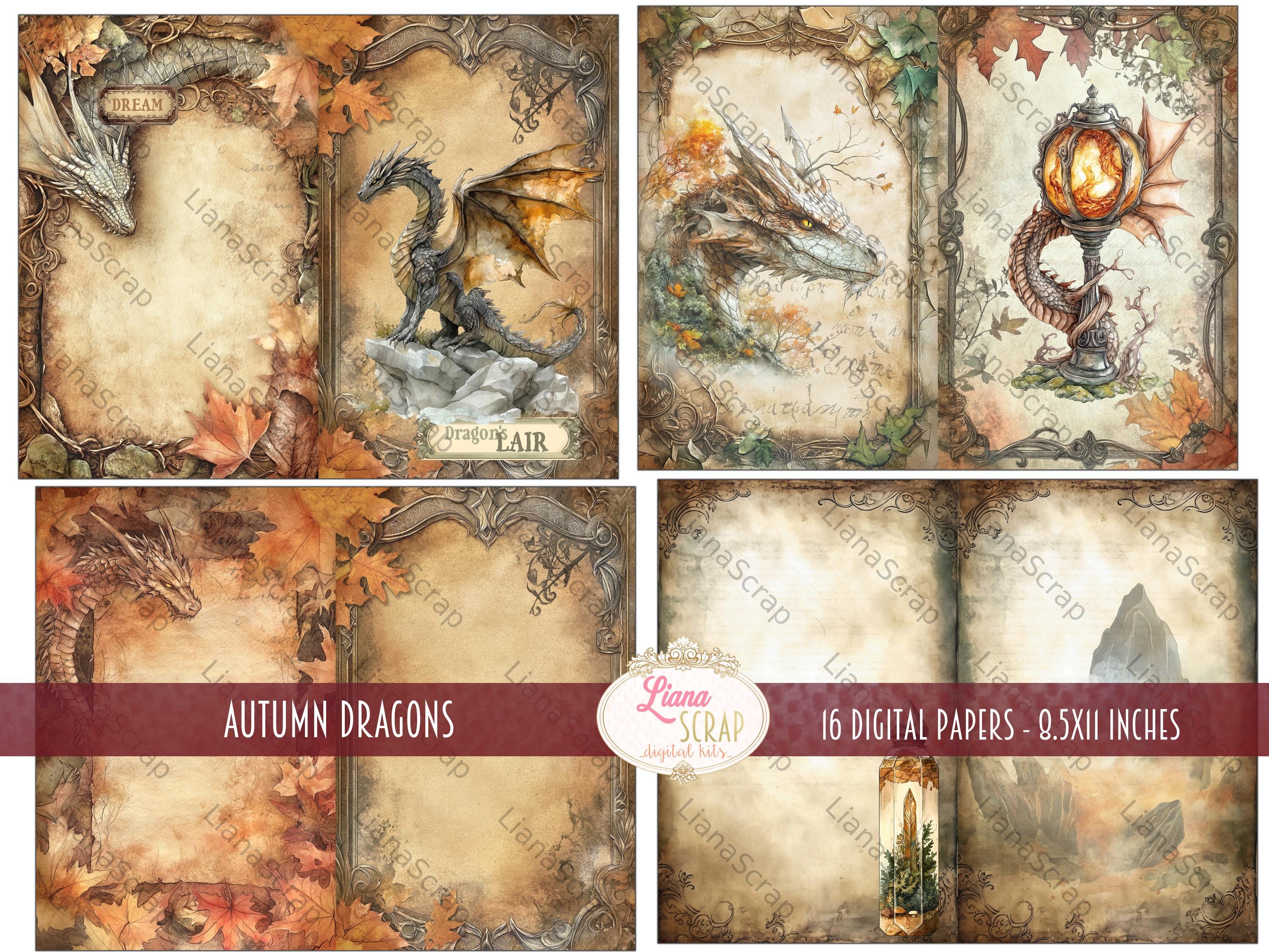 Autumn Dragons Junk Journal Kit, Fantasy Collage Printables