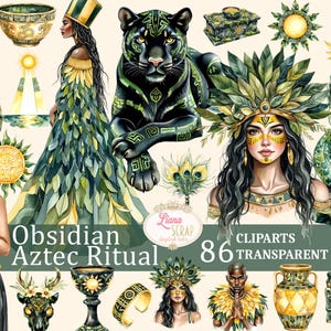 Op de afbeelding: Waterverfillustraties met een Azteeks thema. De afbeelding bevat een zwarte panter, figuren in ceremoniële kleding en diverse decoratieve elementen. De tekst "Obsidian Aztec Ritual" en "86 Transparent PNG" zijn ook zichtbaar.