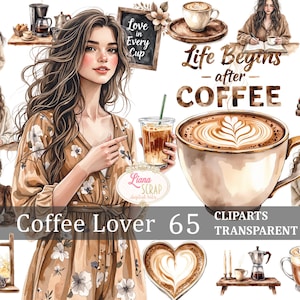 Ensemble de cliparts amateur de café aquarelle Coffee Girls Cafe Art en téléchargement numérique - 65 images