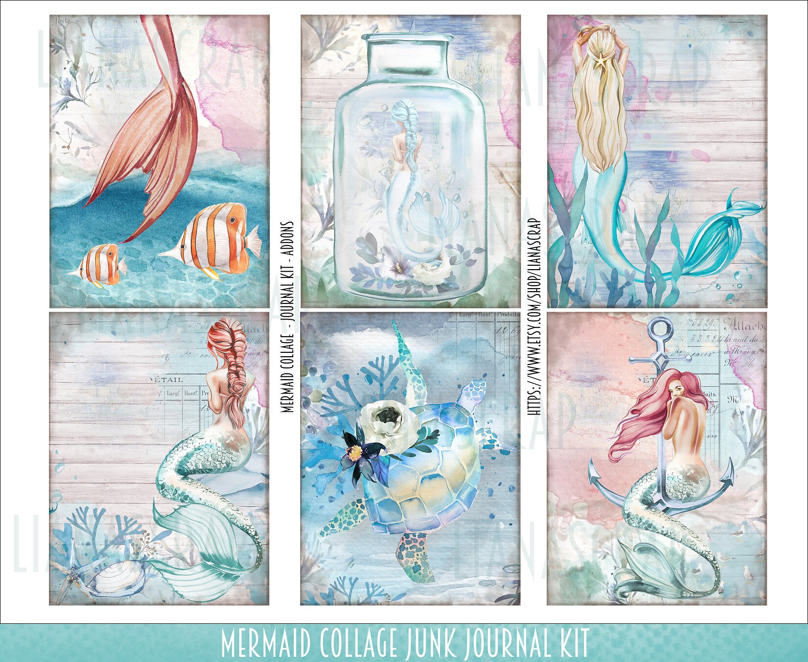 Mermaid Collage Junk Journal ADDON Kit, Sea Life Ephemera (digital ...