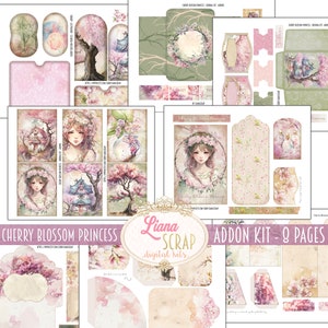 Kit adicional de diário de princesa em flor de cerejeira, colagens de princesa para impressão, kit de fadas fantasia, coisas efêmeras em flor de cerejeira em flor