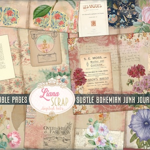 Kit digital sutil Boho Junk Journal para impressão, folhas de colagem digital floral Boho, papel Junk Journal
