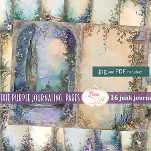 Pixie Purple Journaling Pages, Fantasy Collage Printables met feeën, vlinders en bloemen, digitaal papier met leeg midden om te schrijven