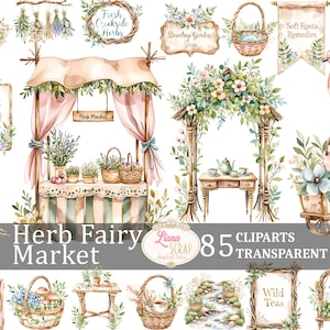 Images clipart marché féerique aux herbes 85 - illustrations botaniques, apothicaire vintage PNG pour art numérique et imprimable, autocollants pour agenda