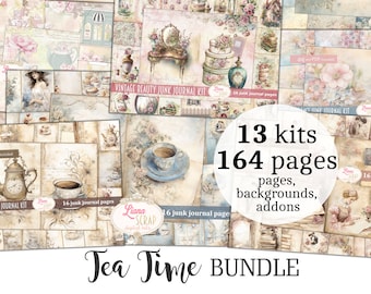 Tea Time Junk Journal BUNDLE - 13 kits, Vintage Tea Collage Printables, Parisian Digital Kit, 164 vintage junk journal pages