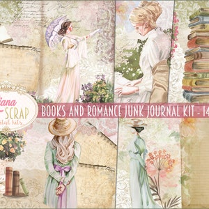Books and Romance Junk Journal Digital Kit Printable, Vintage Books Digital Collage Sheets, Junk Journal Paper