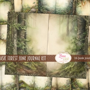 Papel digital básico de floresta para diários indesejados, papel de diário com fundo de floresta, kit digital para impressão, papel de diário lixo florestal
