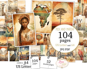 Junk Journal - Africa - US Letter and A4 size, Mix and Match Pages, Savannah and Tribal Beauty Digital Paper in printable PDF and JPG