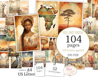 Junk Journal - Africa - US Letter and A4 size, Mix and Match Pages, Savannah and Tribal Beauty Digital Paper in printable PDF and JPG