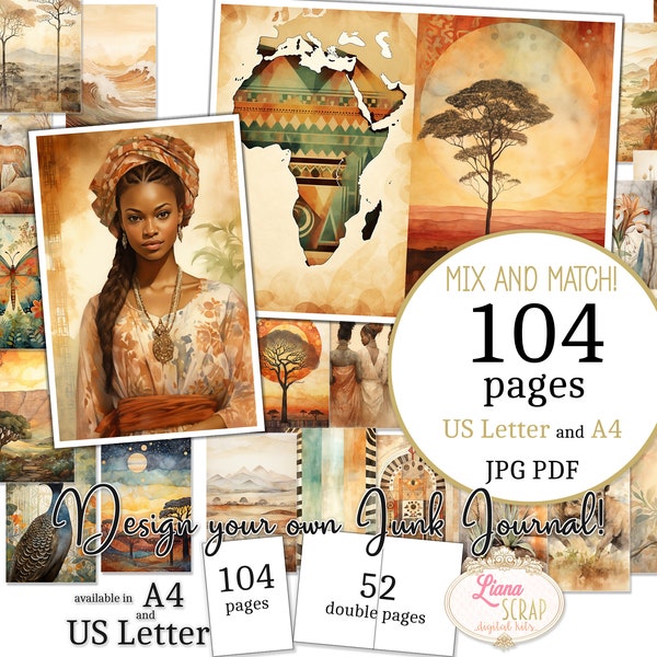 Junk Journal - Africa - Formato US Letter e A4, Mescola e abbina pagine, Carta digitale Savannah e Tribal Beauty in PDF stampabile e JPG