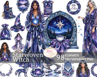 May include: Digital watercolour art with a Starwoven Witch theme. The image includes illustrations of women in flowing robes, a witch's hat, a crystal ball, and celestial elements. The colour palette is dominated by shades of blue, purple, and white, with the text "Starwoven Witch" and "98 Cliparts Transparent PNG".