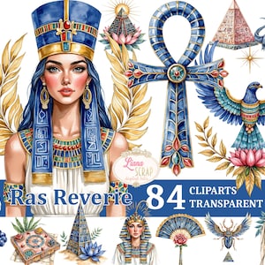 May include: Watercolor clipart set featuring Egyptian themes. Includes illustrations of a woman in royal attire, an ankh, a falcon, pyramids, and other ancient Egyptian symbols. The text "Ras Revere" and "84 Cliparts Transparent PNG" are also visible.