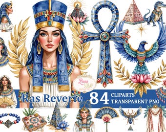 Puede incluir: Conjunto de imágenes prediseñadas de acuarela con temas egipcios. Incluye ilustraciones de una mujer con atuendo real, un ankh, un halcón, pirámides y otros símbolos del antiguo Egipto. También se ve el texto "Ras Revere" y "84 Cliparts Transparent PNG".