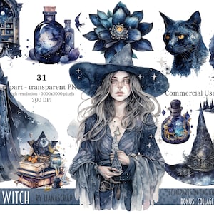 Cosmic Witch Clipart PNG Set, 31 witch clipart, commercial use clip art, cosmic witch watercolor art, PNG witch theme illustrations