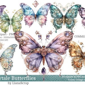 Conjunto de clipart de borboletas de conto de fadas PNG, 24 clipart de borboleta, clipart de uso comercial, aquarela, ilustrações de tema de borboleta mágica PNG