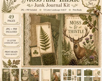 Puede incluir: Un kit de diario creativo Moss and Thistle con 49 páginas en formatos JPG y PDF. El set incluye archivos listos para imprimir en formato horizontal US Letter de 27,94x21,59 cm con ilustraciones de un ciervo, helechos, trébol y bellotas.