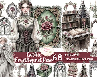 Set di 68 clipart di rose gotiche congelate - Fiori gotici vintage invernali, adesivi per planner digitali, PNG trasparenti, elementi di design vittoriani