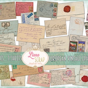 Imprimíveis de coisas efêmeras vintage, cartões postais digitais, envelopes e coisas efêmeras antigas para diários indesejados, papel de diário indesejado