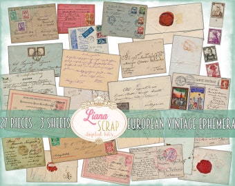Vintage Ephemera Printable, European Postcards, Junk Journal Paper (Digital Download)