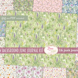Sfondo prato, kit digitale Junk Journal stampabile, Wildflower stampabile, carta di sfondo Junk Journal