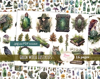 May include: Green Witch Fussycuts digital paper pack with 16 pages of illustrations. The illustrations include a witch, owl, mushrooms, books, bottles, and other magical elements. The illustrations are in a green, brown, and white color scheme.