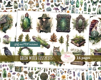 Junk Journal Ephemera, Green Witch Fussy Cuts Printable, Digital Download, Grimoire, Spell Book Stickers, Embellishments for Junk Journals