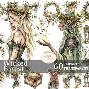 Wicked Forest 60 set di clipart digitali - Forest Spirit PNG, illustrazioni botaniche, grafica di fiabe