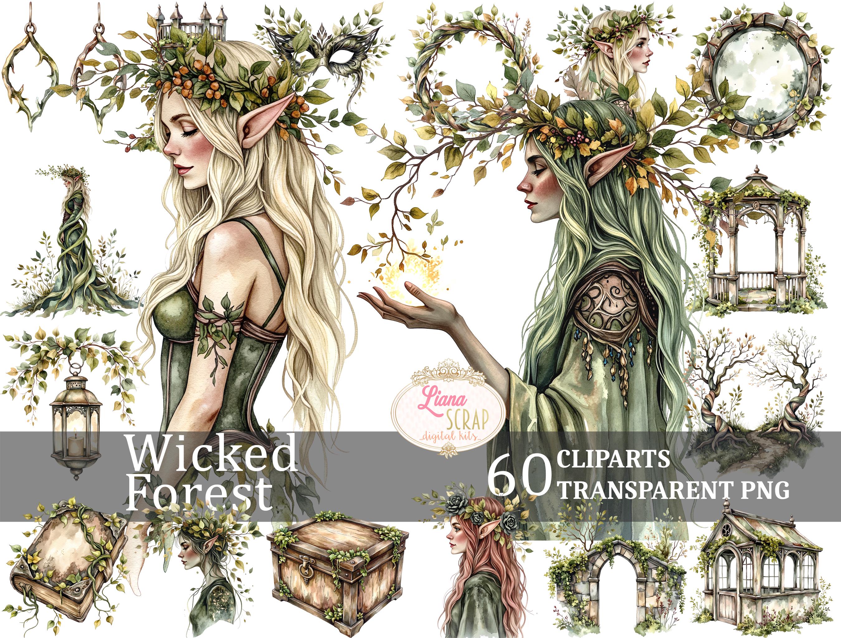 邪悪な森 60 デジタルクリップアートセット - 森の精霊 PNG、植物