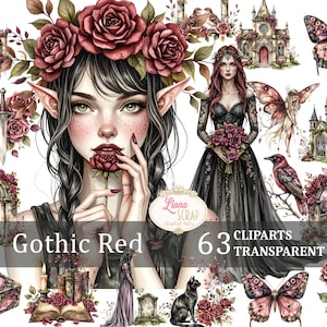 Set di 63 clipart digitali Gothic Red, PNG trasparenti, arte gotica, rose vittoriane, Dark Academia, grafica stampabile