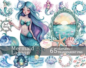 Mermaid Lagoon 65 Digital Clipart Set, Transparent PNG, Mermaid, Ocean, Sea Creatures, Watercolor Graphics