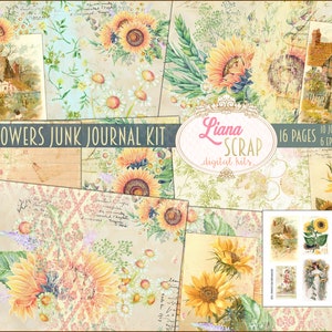 Kit numérique de journal indésirable tournesols vintage imprimable, feuilles de collage numérique floral, papier journal indésirable