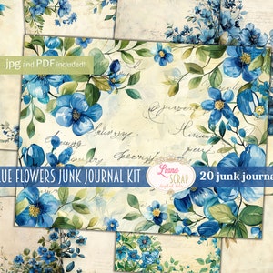 Blue Flowers Vintage Paper, fundo de diário de lixo digital, papel de diário de lixo com flores em tons de azul