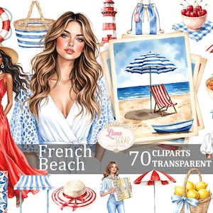 French Beach 70 digitale clipartset - transparante png, zomerstrand, mode-illustratie, plannerstickers